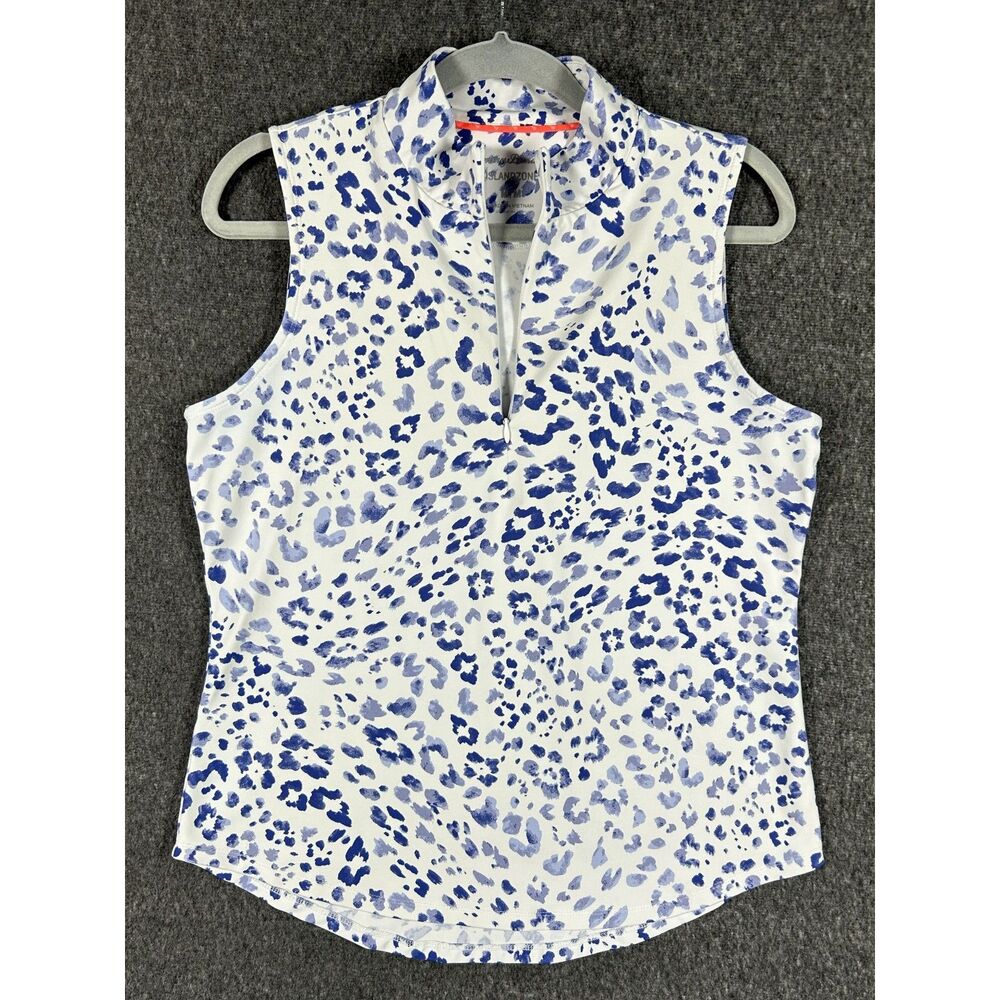 Tommy Bahama IslandZone Aubrey Leopard 1/4 Zip Sleeveless Top Size M Blue